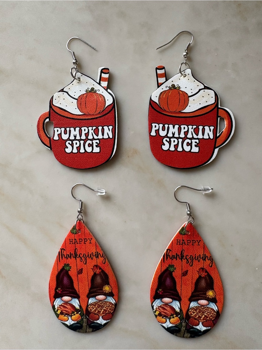 Fall Pumpkin Spice Red Mug Thanksgiving Gnome Earrings faux leather double sided